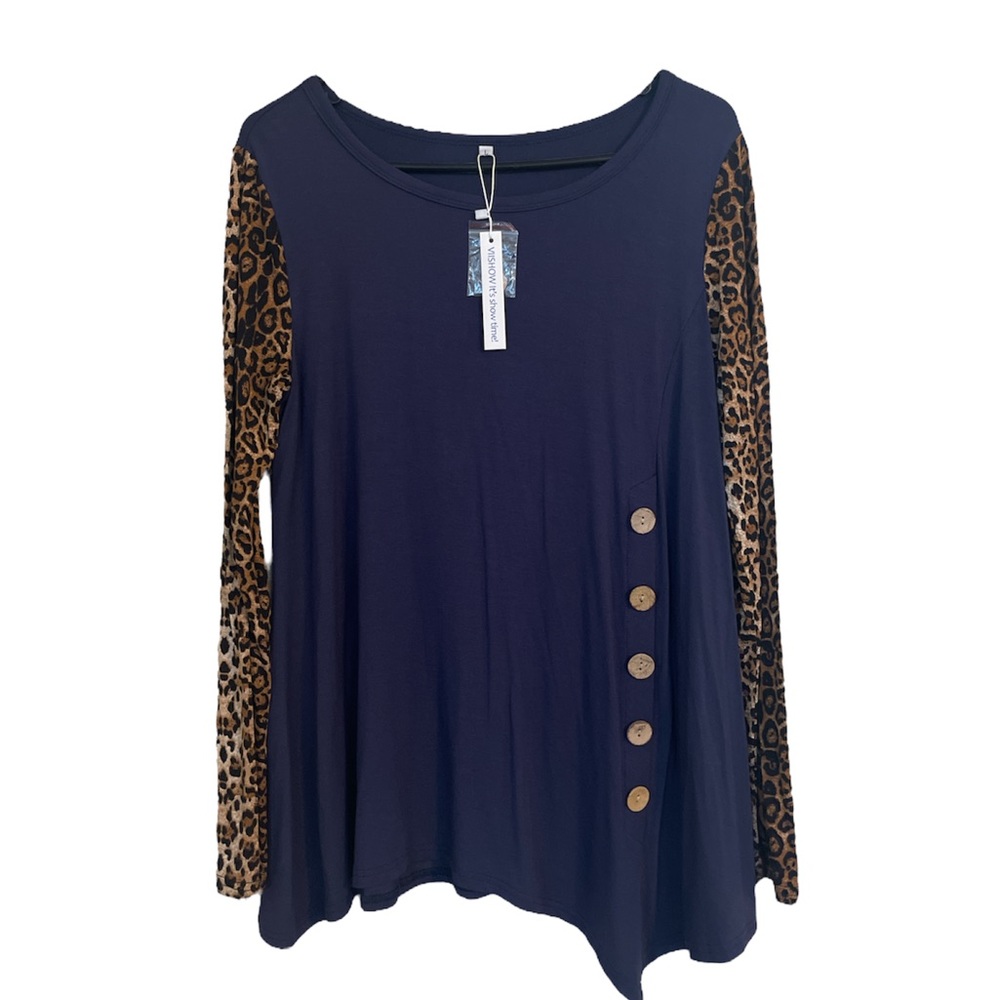 Viishow Blue Leopard Print Buttoned Pullover Sweater Women's Size Large